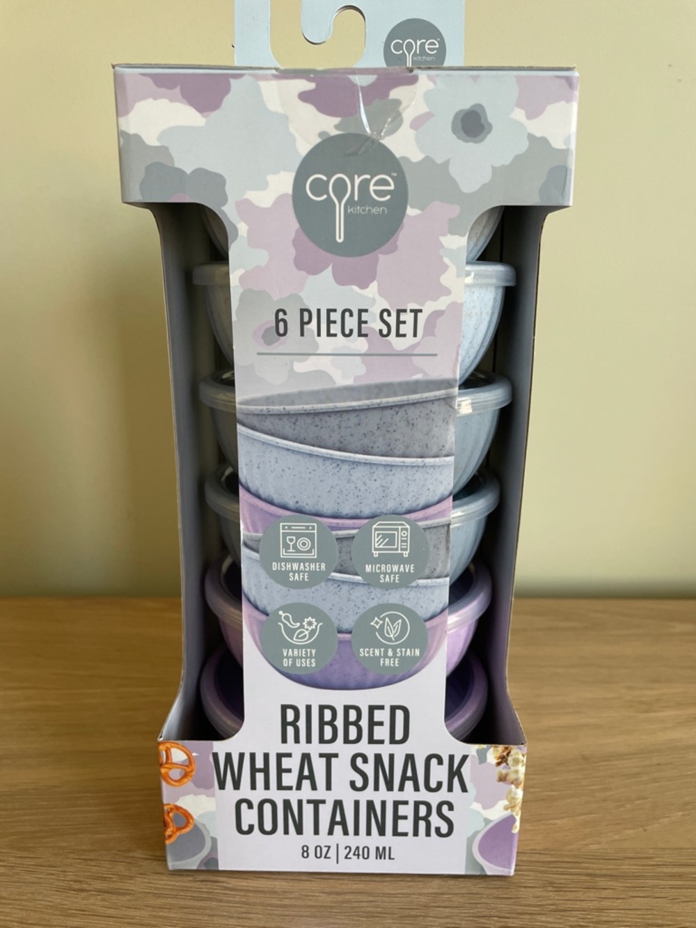 CORE KITCHEN RIBBED WHEAT SNACK CONTAINERS 6 Piece Set (8 oz / 240ml) New in Box
